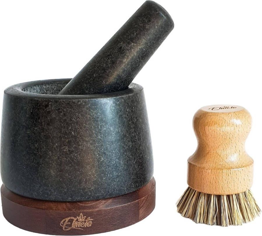 Graniet vijzel met stamper 12 cm Premium Op elegante en stabiele houten onderzetter oppervlak gepolijst incl. reinigingsborstel