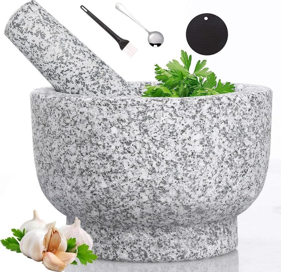 Granieten mortier en stamper set guacamole molcajete kom keukenvijzel en stamper kruiden sauzen siliconen mat lepel borstel 15x10cm ongepolijst