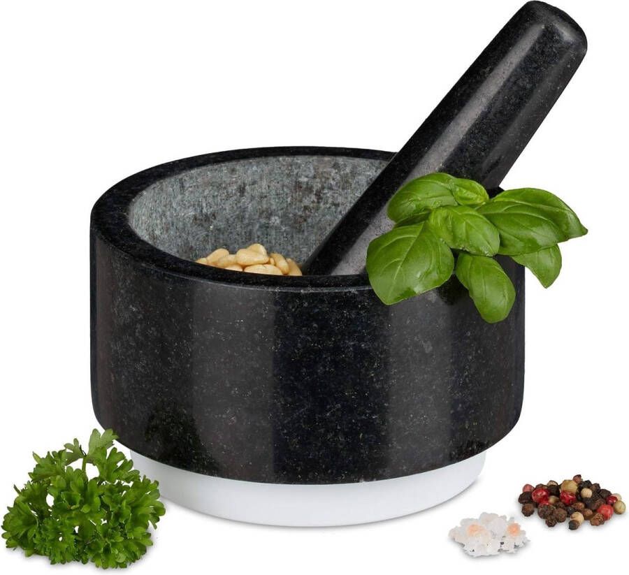 Granieten vijzel en stamper duurzaam keukengerei voor specerijen en kruiden antislip mortier Ø 14 cm V 400 ml grijs wit