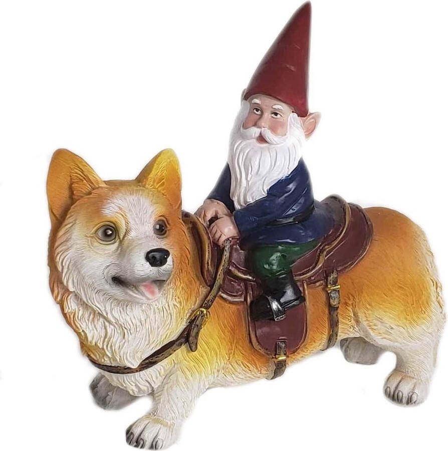 Grappige Kerel Mokken Tuinkabouterbeeld Kabouter Rijdt Op Een Corgi Binnen Buiten Tuinkabouterbeeld voor Patio Tuin of Gazon
