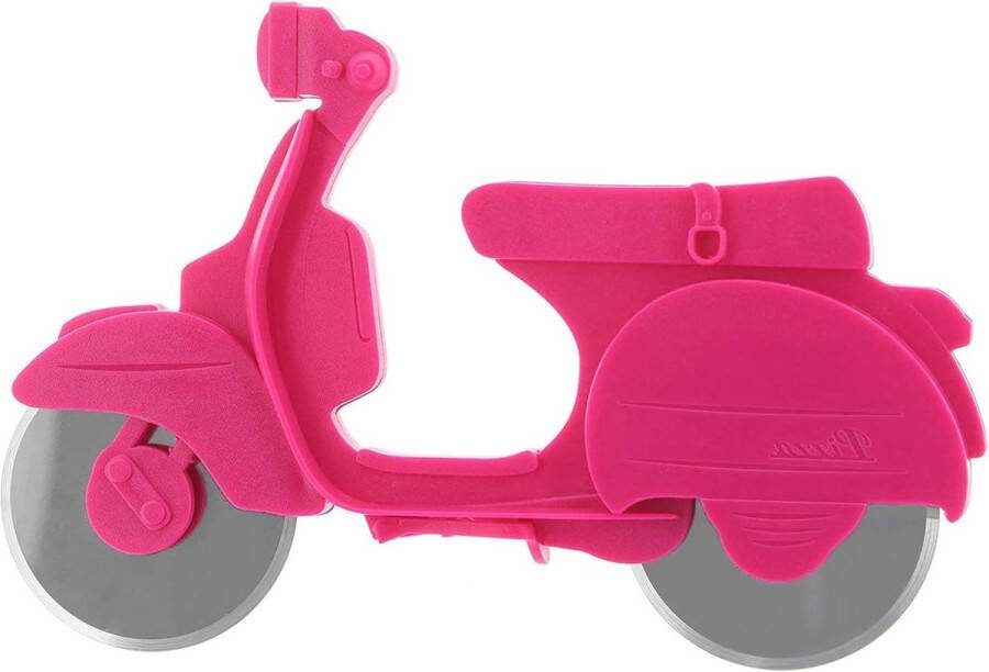 Grappige pizzasnijder van kunststof met roestvrijstalen snijrollen scooterpizzasnijder roze pizzasnijder