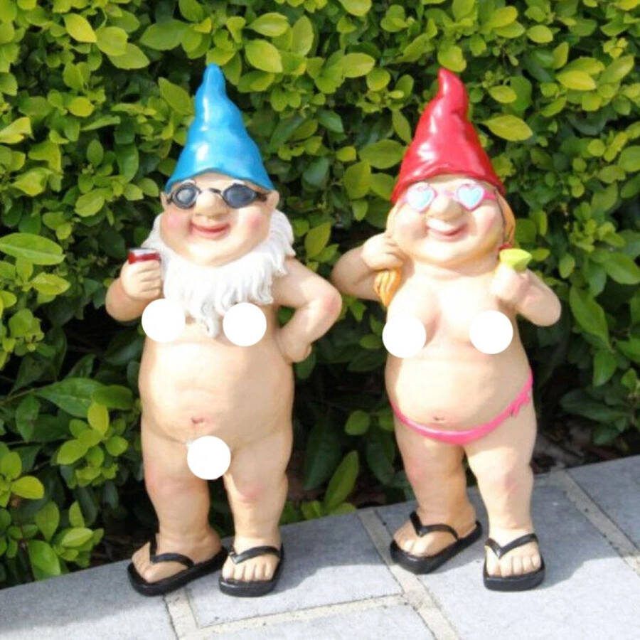 Grappige set naakte tuinkabouters Man en vrouw Grappig tuinbeeld Leuke decoratie Binnen en Buiten Dwergen Kabouter Set van 2 Aardewerk