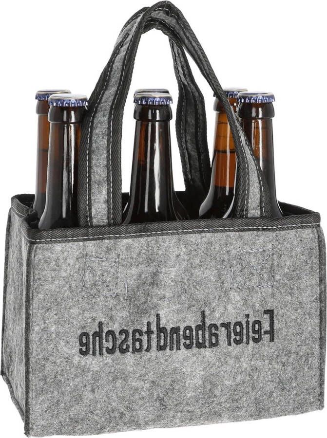 Grappige tas flessenhouder voor 6 flessen van polyester grijs Leuke flessentas met flessenmand