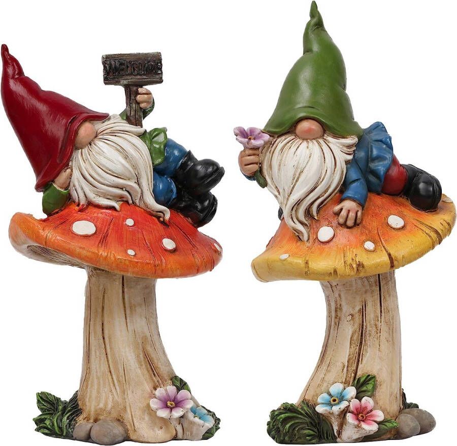 Grappige tuinkabouters tuindecoratie voor buitenkabouters figuren voor buitengebruik set van 2 tuinfiguren liggend op paddestoelen tuindecoratie tuinkabouter standbeeld voor tuin herfstdecoratie 17 cm