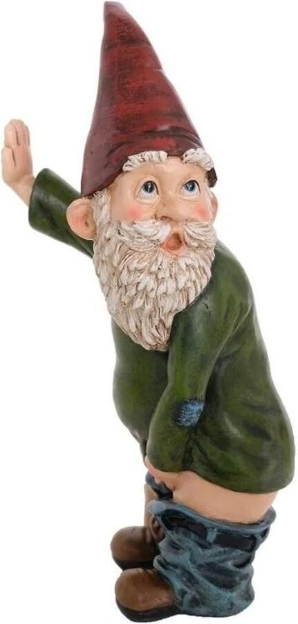 Grappige urinerende Tuinkabouter Kabouter met groene trui en broek op enkels met biertje Grappig Tuinbeeldje Weerbestendige Decoratie voor Tuin Camping en Buiten 15 cm hoog