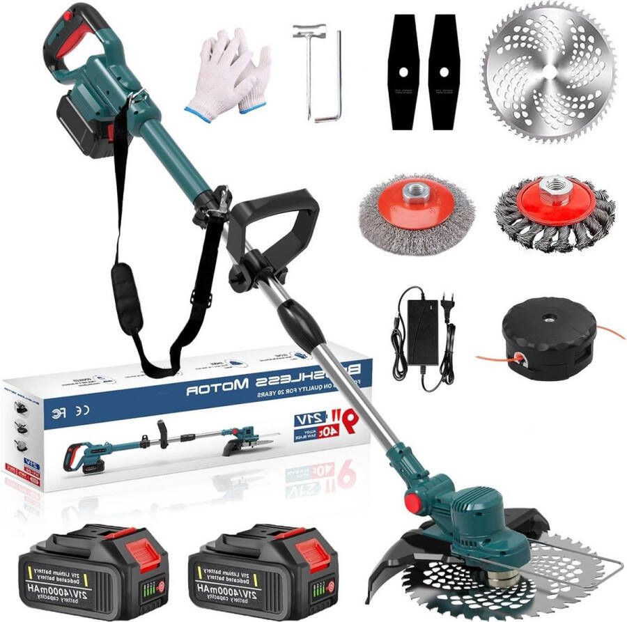 Grastrimmer accu 21 V bosmaaier onkruidborstel 2 x 4000 mAh accu snijcirkeldiameter 23 cm maaihoogte-instelling 102-142 cm blauw met langdurige batterij Grastrimmer met accu