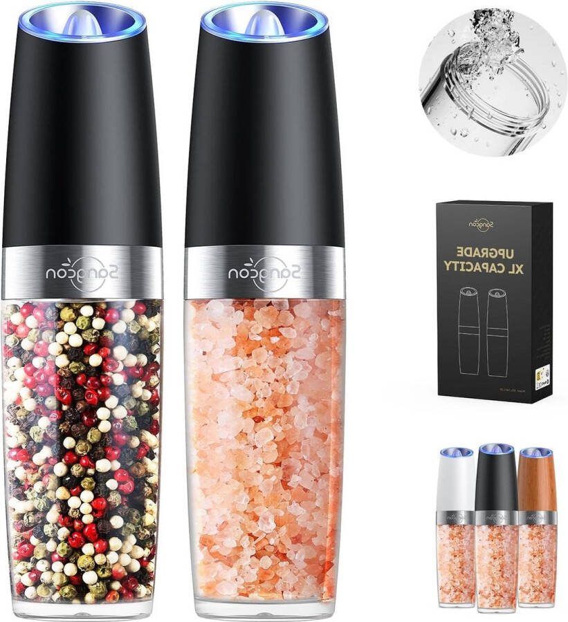 Gravity Elektrische Zout- en Pepermolenset 9 Oz XL-capaciteit Navulbaar Verstelbare Grofheid Automatische Pepermolen Shakers voor Keuken