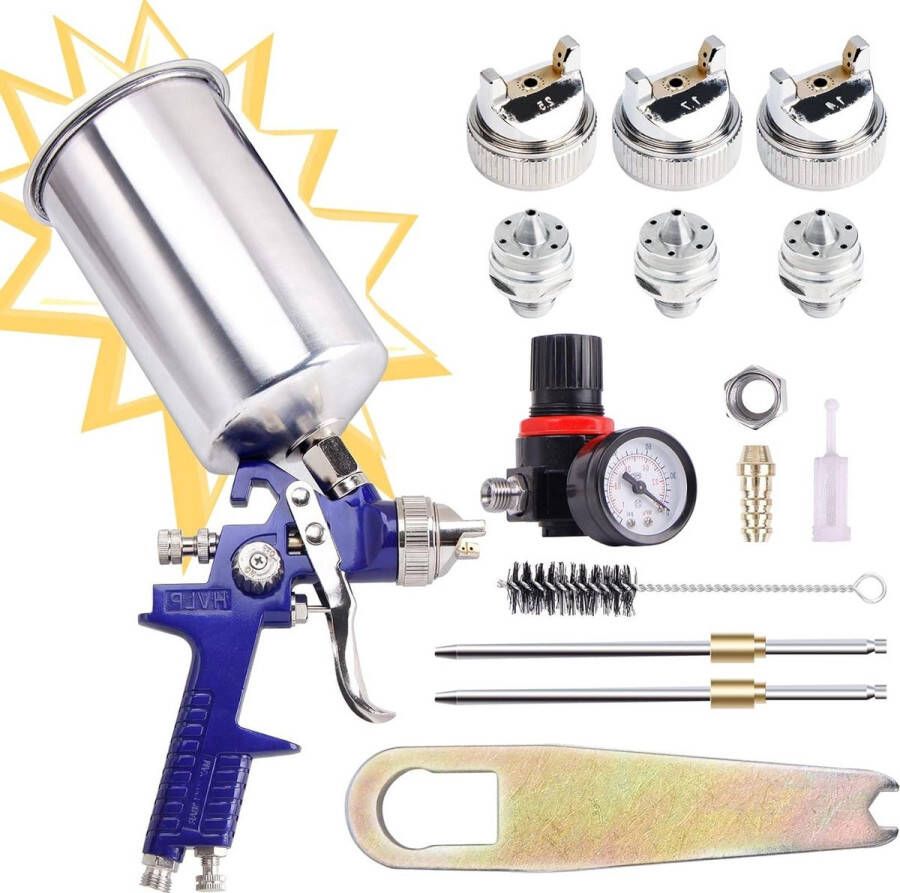 Gravity Feed Auto Air Spuitpistool 1000CC Aluminium Cup Verfspuit Airbrush Verfgereedschapset 3 mondstukken 1.4MM 1.7MM 2.5MM