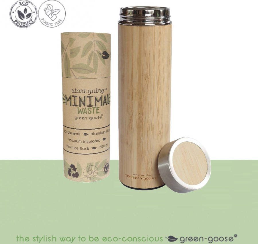 Green-goose Bamboe Thermosfles | 360 ml | Koffielepels | Dubbelwandig | Duurzaam