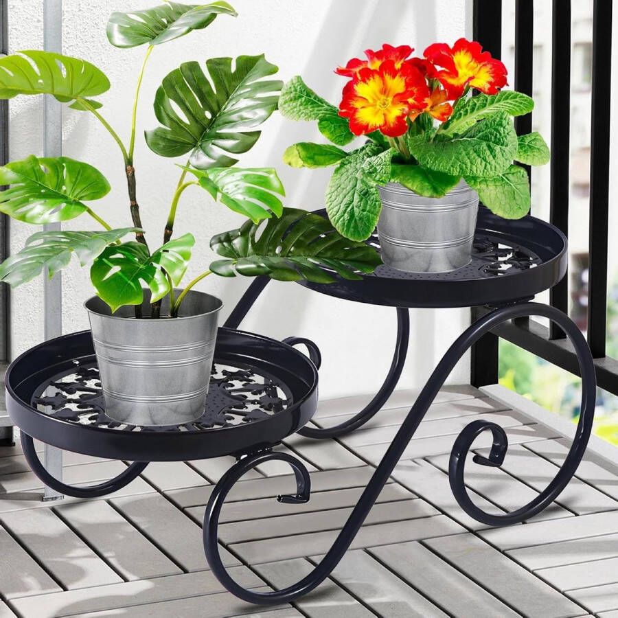 Green Harmony Bloemenstandaard 2-traps roestwerend ijzer zwart plantenrek indoor outdoor bloemenbank metalen plantenkruk tuin plantenrek