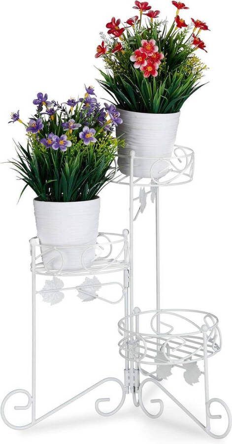 Green Harmony Decoratieve Plantenrek Metaal 3 Etages Inklapbaar Vintage Plantenetagère Binnen en Buiten H 40 cm Wit plantenrek