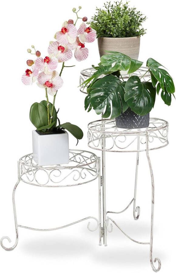 Green Harmony inklapbare plantentafel met 3 ronde etages landelijke stijl H: 55 cm plantentrap metaal laag plantenrek wit Plantentafel 2.0