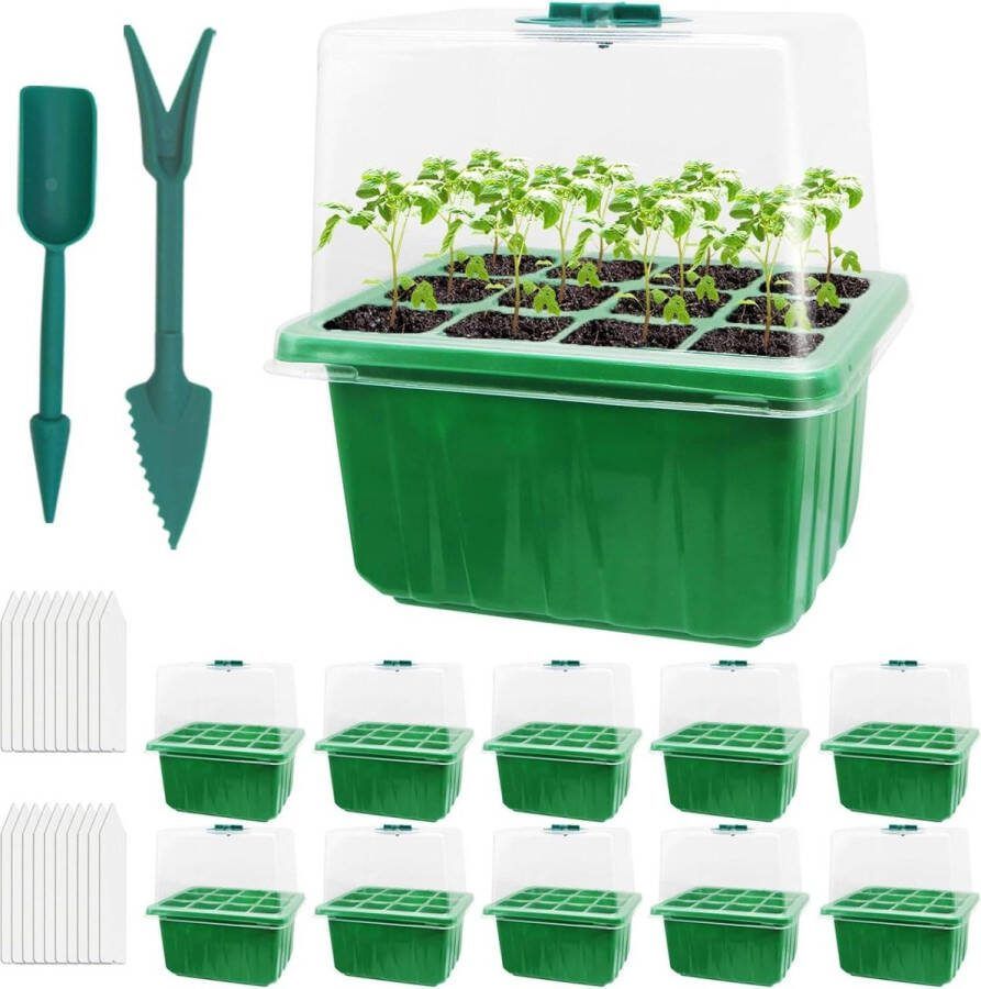 Green Harmony Kamerbroeikas Kweekbak 10 Stuks 120 Cellen Mini-Broeikas Kweekset Zaailing Starter Trays Kweekset Dienblad Met Verhoogd Deksel en Ventilatie Voor Zaailingen Planten Kweekset