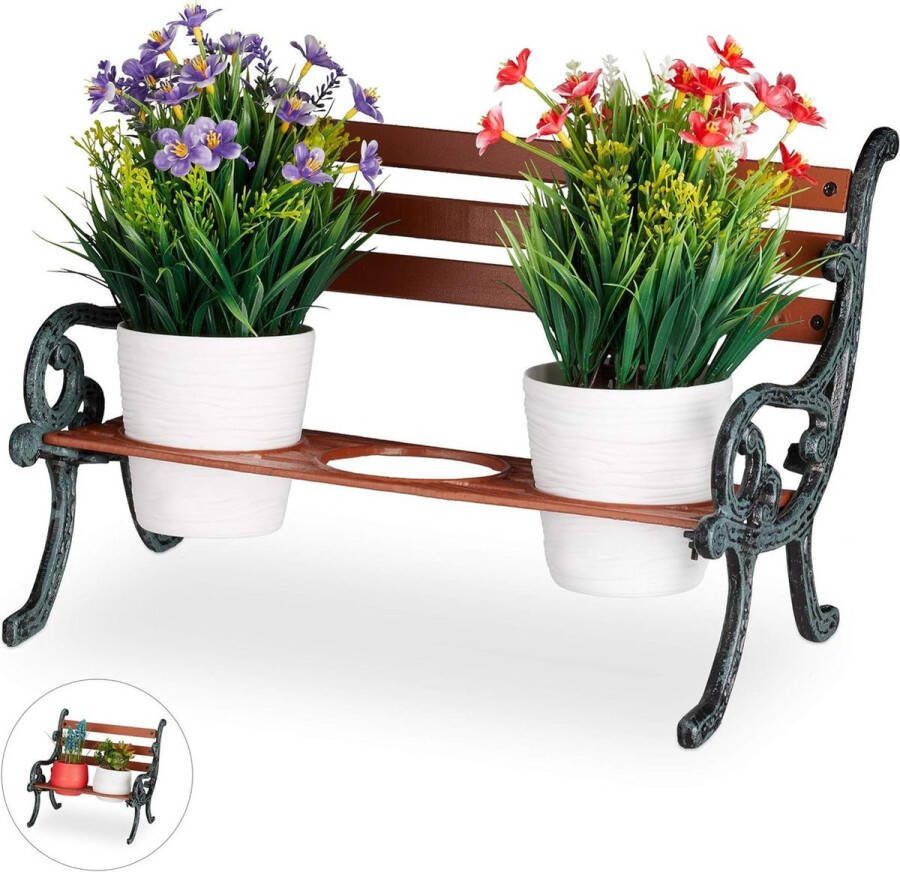 Green Harmony mini plantenrek gietijzer hout pothouder voor 3 bloempotten Ø 9 cm tuindecoratie bruin-grijs groen Plantentafel 2.0