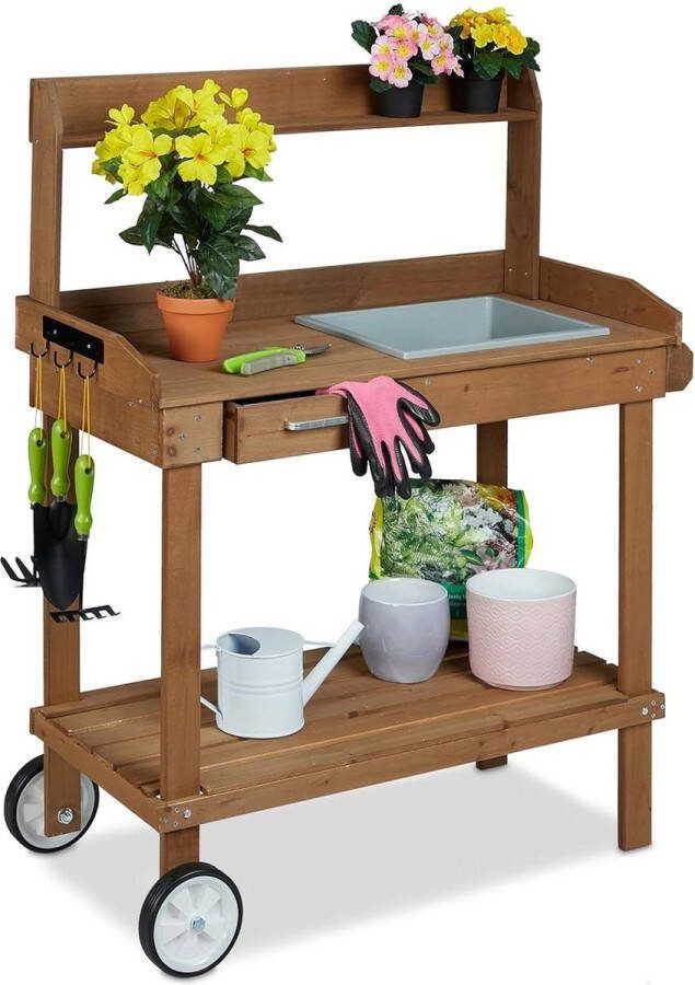Green Harmony Oppottafel op wielen kweektafel hout tuinwerktafel bruin Plantentafel 2.0