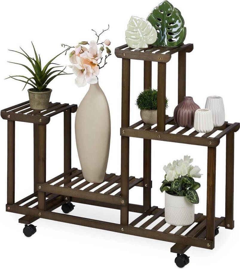 Green Harmony Plantenrek Bamboe 6 Planken Houten Bloemenrek Op Wielen Binnenbruin plantenrek 5