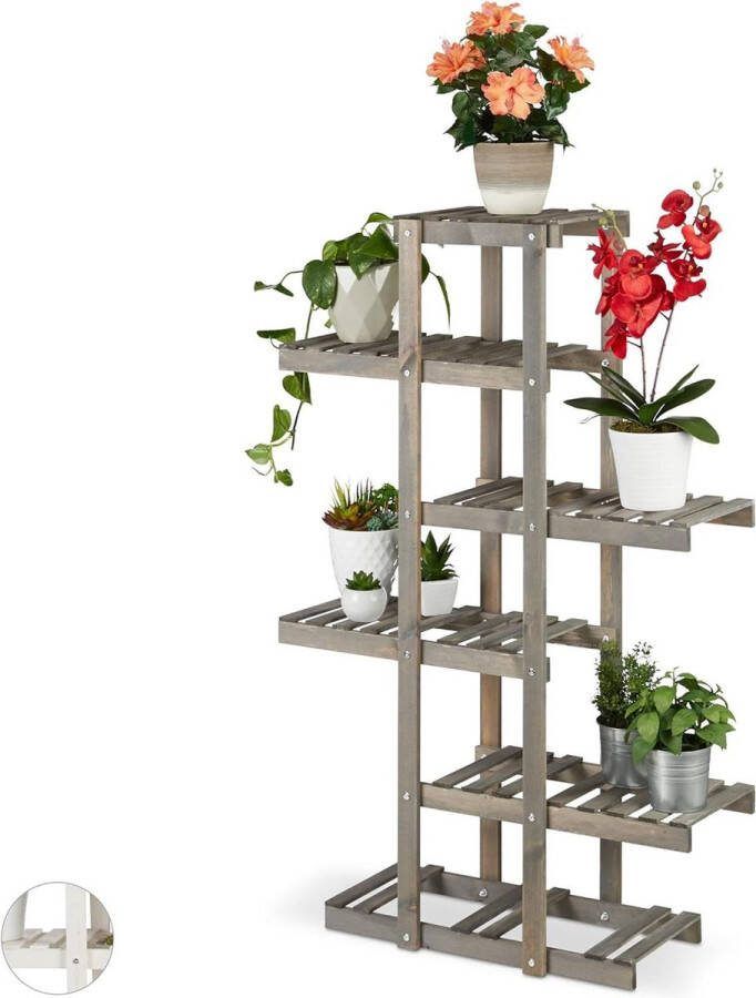 Green Harmony plantenrek hout 5 laags bloemenrek binnen bloementrap shabby 125x81x25 cm grijs plantenrek