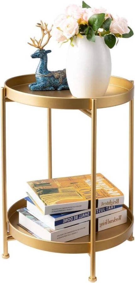 Green Harmony Ronde bijzettafel goudkleurige 2 niveaus metalen dienblad snacktafel salontafel theetafel nachtkastje banktafel woonkamer slaapkamer balkon terras Plantentafel 2.0
