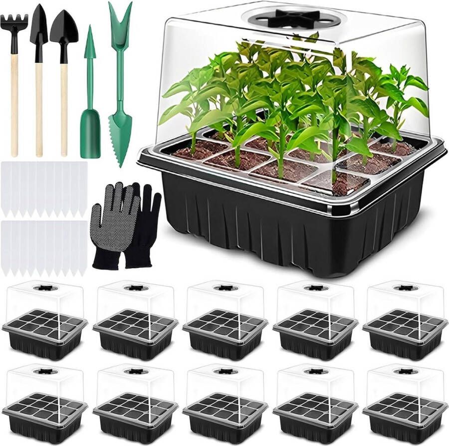 Green Harmony ZHHGOO kweekdoos binnenkas kweekbak minikas met hoog deksel 10 stuks 120 cellen mini kweekset 20 labels 3 schoppen 2 tuingereedschap 1 paar handschoenen Kweekset