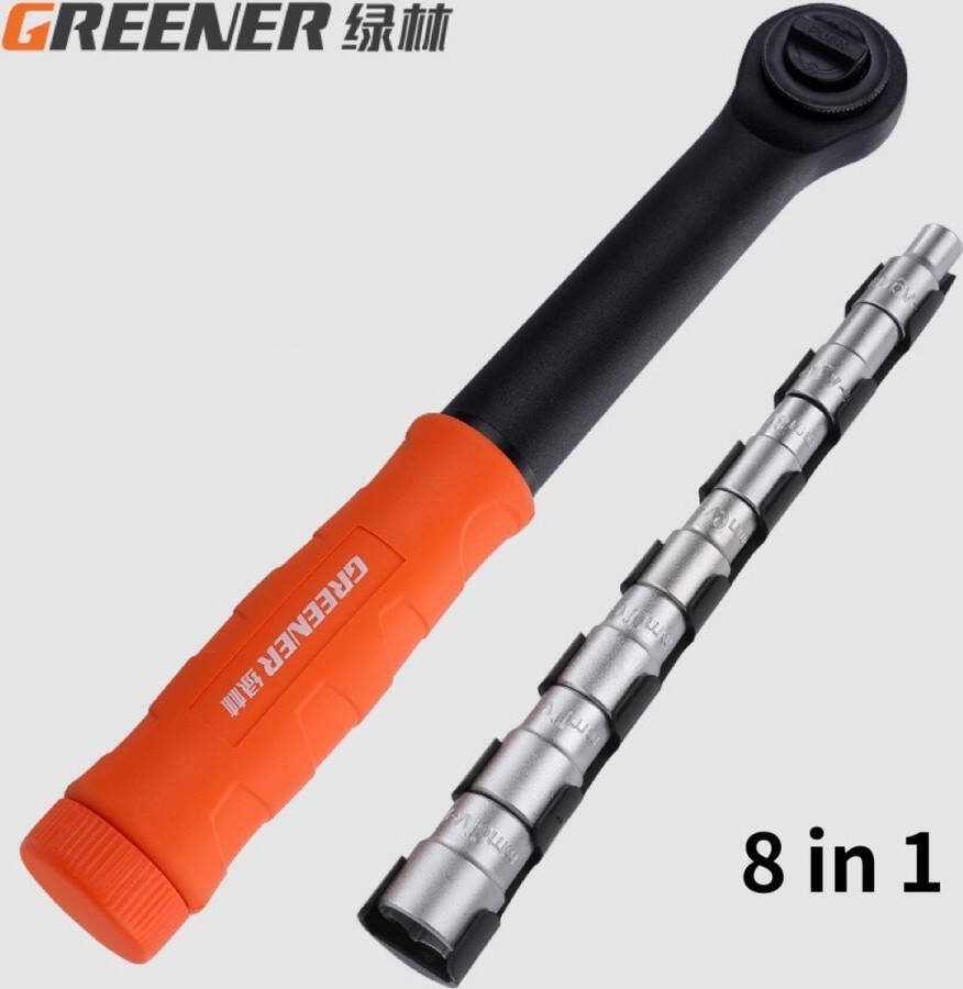 GREENER 8 in 1 Ratelset Ratelsleutel Ratel Dopsleutels 6mm 7mm 8mm 9mm 10mm 11mm 13mm Dopsleutel Ratel met draaiend handvat Chroom-vanadiumstaal ¼