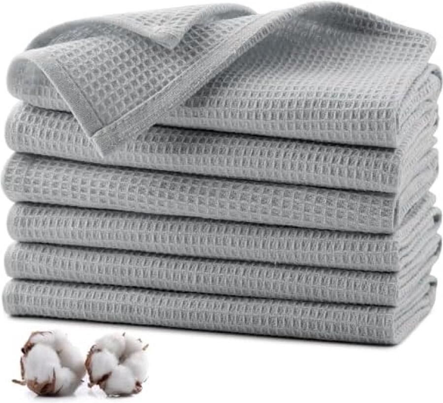 Grijs Theedoeken 100% katoen 35 x 35 cm absorberende keukenhanddoeken zachte theedoeken dikke premium wafeldoeken vaatdoeken poetsdoeken machinewasbaar 6 stuks Grijs