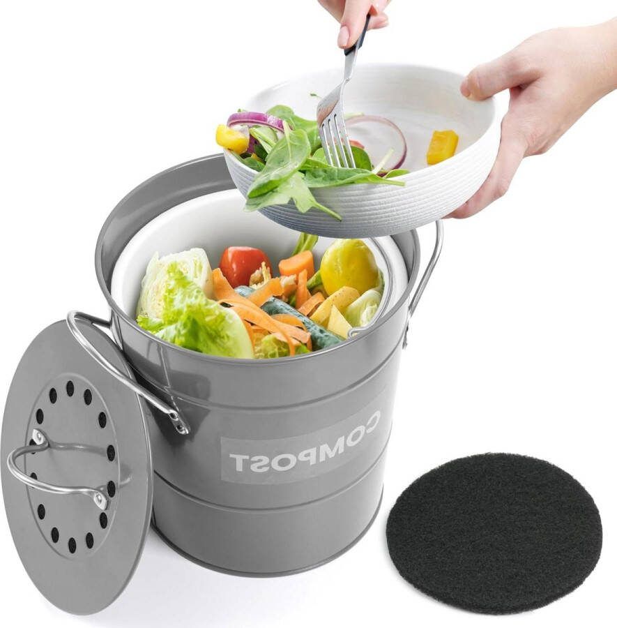 Grijze Werkblad Keuken Compost Bak Geurloze Binnen Compost Emmer Gegalvaniseerd Ijzer Plastic Binnen Bak Bevat Extra Koolfilter & Label