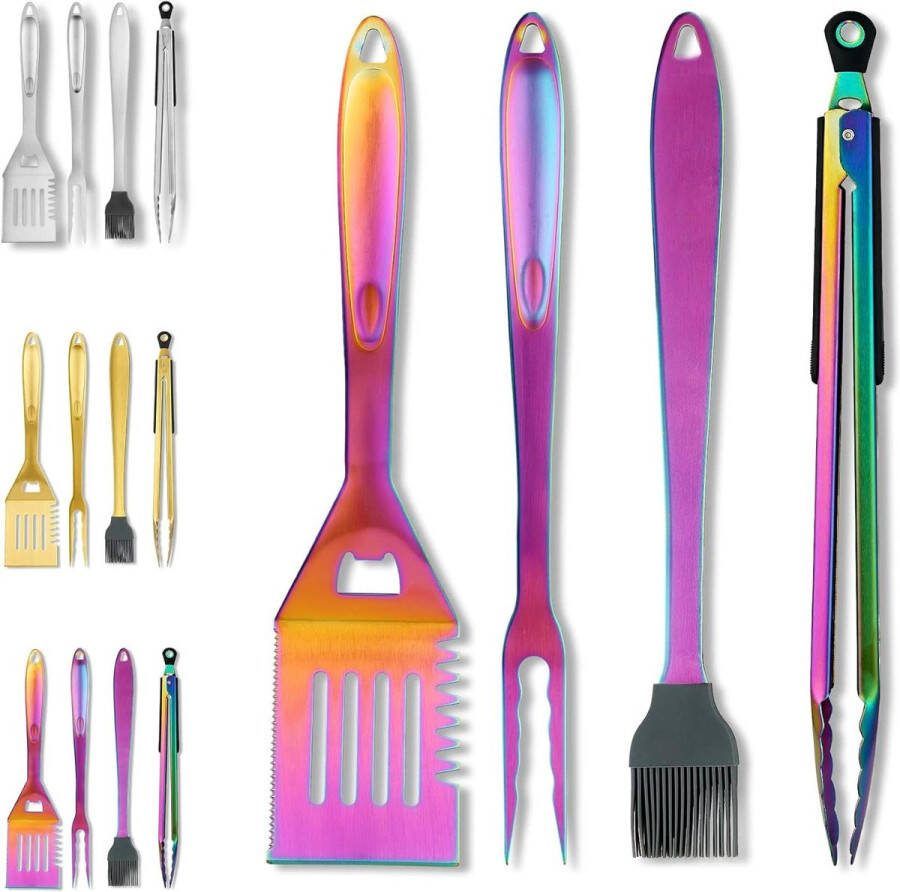 Grill Accessoires Set 4 Stuks Regenboog Titanium Kleurrijk Plating Roestvrij Staal Hittebestendig en Smelt niet Camping Teppanyaki