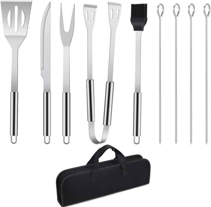 Grillbestek BBQ grillaccessoires 9 stuks grillgereedschapsset roestvrij staal barbecue-accessoires grillen kookgereedschap kitschraper kwast vleesmes spiesen accessoires voor buiten