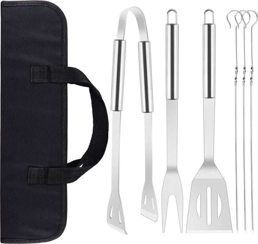 Grillbestek-set 7-delige gereedschapsset BBQ Grill Gereedschap Accessoires grillvork grillklemmen spatel grillstokjes roestvrij staal BBQ grillen kookgereedschap met draagtas voor camping