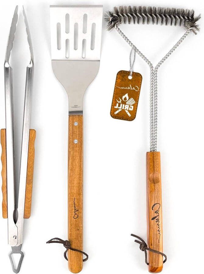 Grillbestek-set van roestvrij staal met houten handvat Grillset met grillborstel en tang Extra lang 45 cm Voor gasgrill of kolen barbecue set