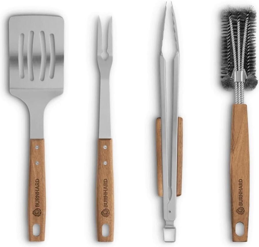Grillbestekset 4-delig 42 cm acaciahout roestvrij staal barbecue-accessoires met grilltang grillspatel vleesvork en grillborstel met extra lange houten handgrepen en ophangogen