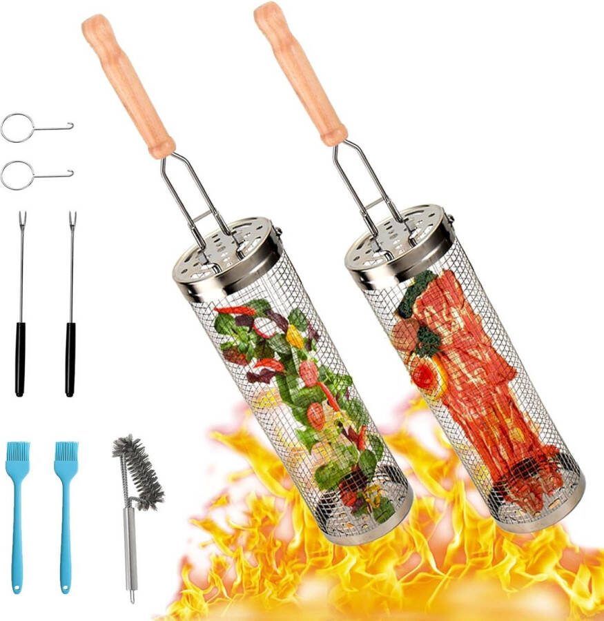 Grillmand 2 stuks roestvrij staal afneembaar houten handvat camping grillmand cilindrisch rond rolling grillmand vork groenten friet vlees (30 cm)
