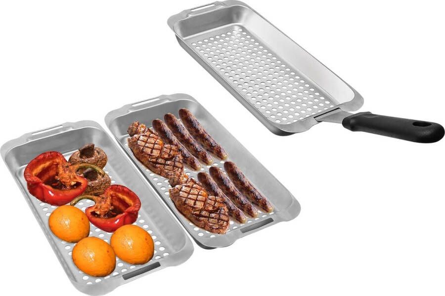 Grillmandset grillaccessoires 3 stuks met handgrepen grillpan roestvrij staal groenteschaal voor groenten en cabob praktische grillmanden voor gas gerookte grill (3 tabletten)