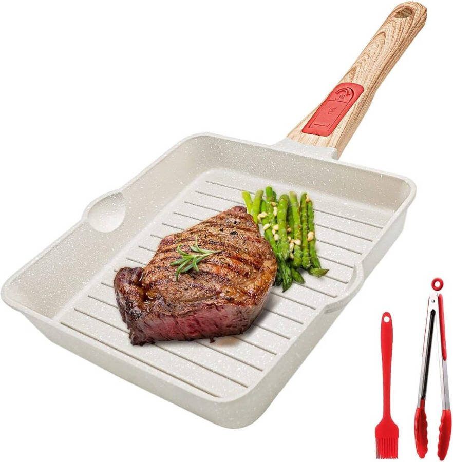Grillpan 20 x 20 cm met afneembare handgreep aluminium steakpan anti-aanbaklaag geschikt voor vaatwasser en oven (wit)