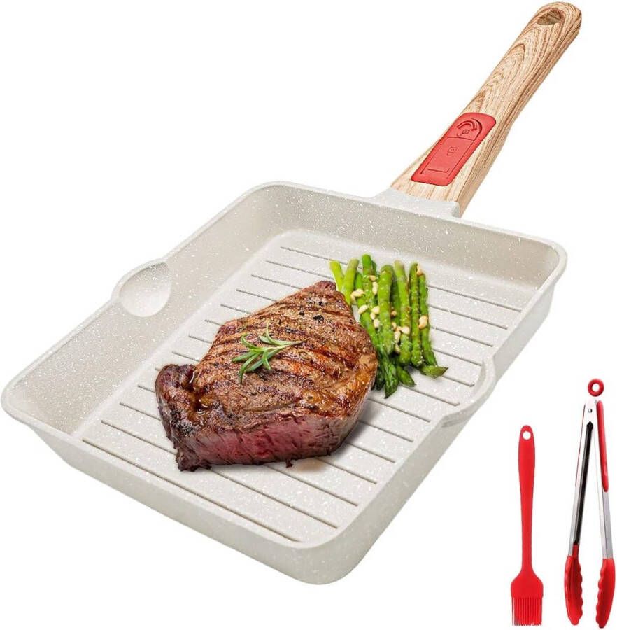 Grillpan 20 x 20 cm steakpan aluminium grillpan met antiaanbaklaag twee uitlopen afneembare handgreep oven- en vaatwasmachinebestendig alle soorten fornuizen (wit)