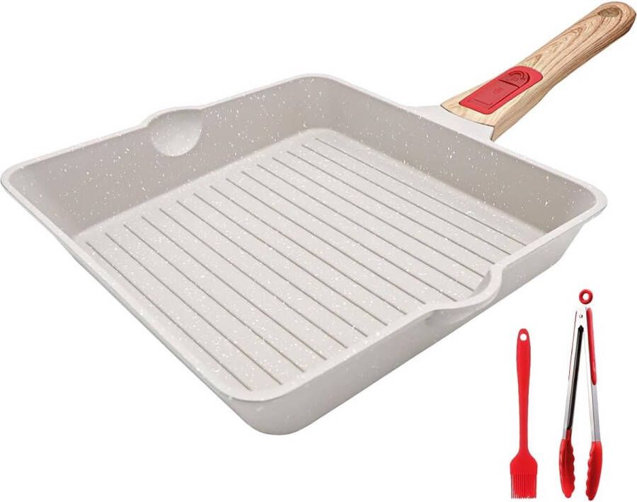 Grillpan 24 x 24 cm met afneembaar handvat aluminium steakpan pan met antiaanbaklaag vaatwasmachinebestendig en ovenbestendig (wit)