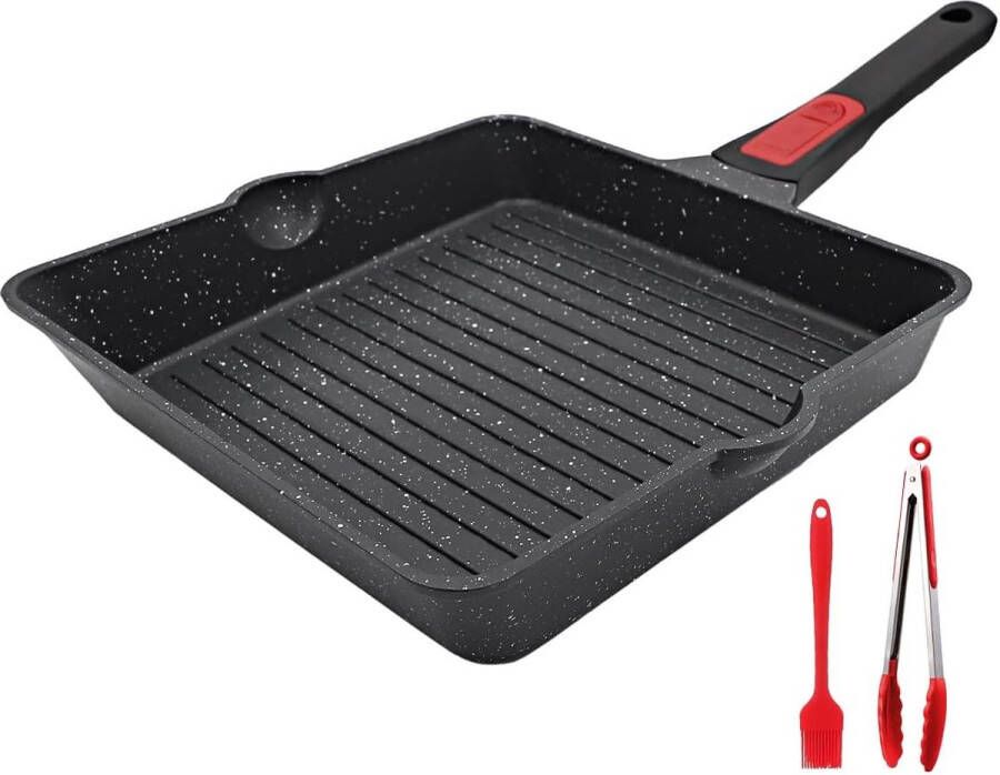 Grillpan 24 x 24 cm met afneembare handgreep aluminium steakpan met antiaanbaklaag geschikt voor vaatwasser en oven (zwart)