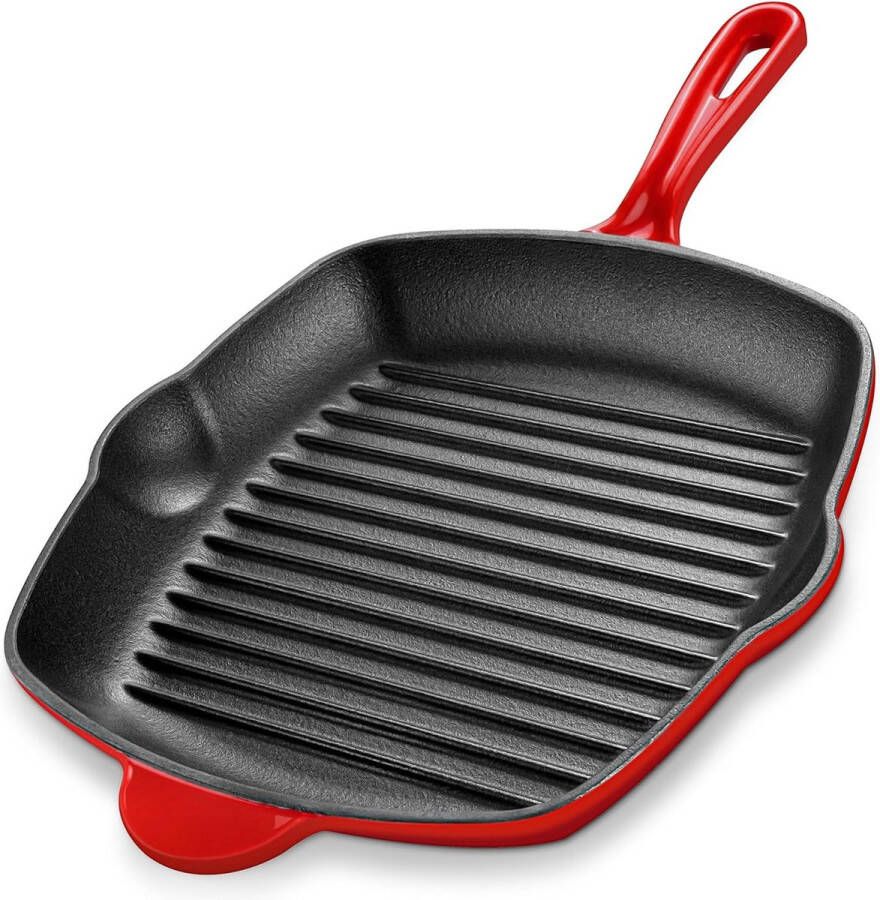 Grillpan gietijzer gietijzeren pan grill zonder coating voor inductiekookplaat oven braadpan voor gasgrill eenvoudige reiniging steakpan gietijzer geëmailleerd rood