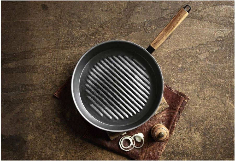 Grillpan inductie en barbecue ijzeren pan 28 cm hittebestendige handgreep hout Nomad collectie