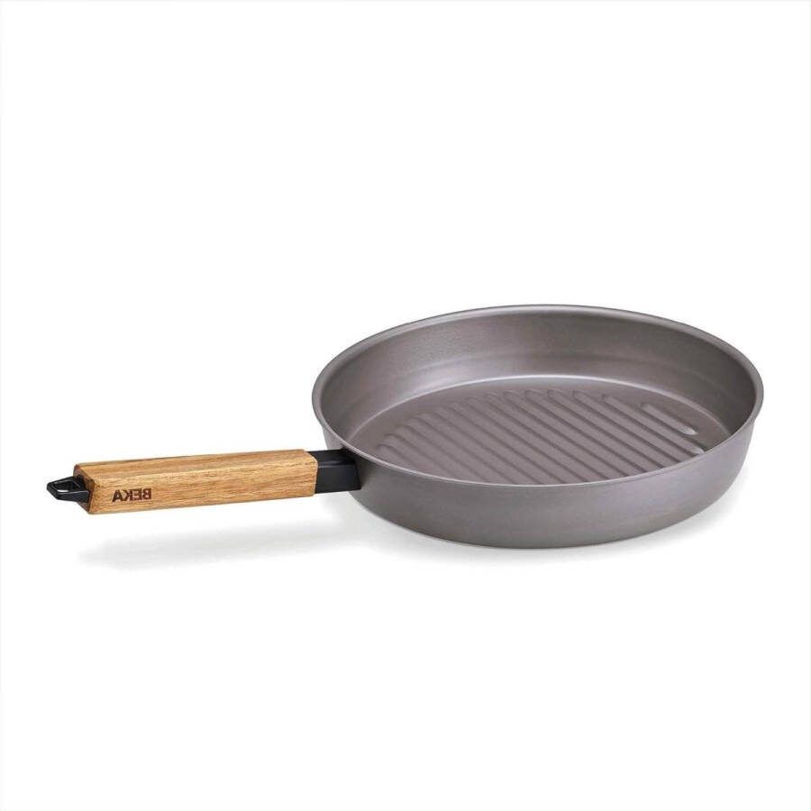 Grillpan inductie en barbecue ijzeren pan 28 cm hittebestendige handgreep hout rond natuurlijk gecoat Nomad collectie