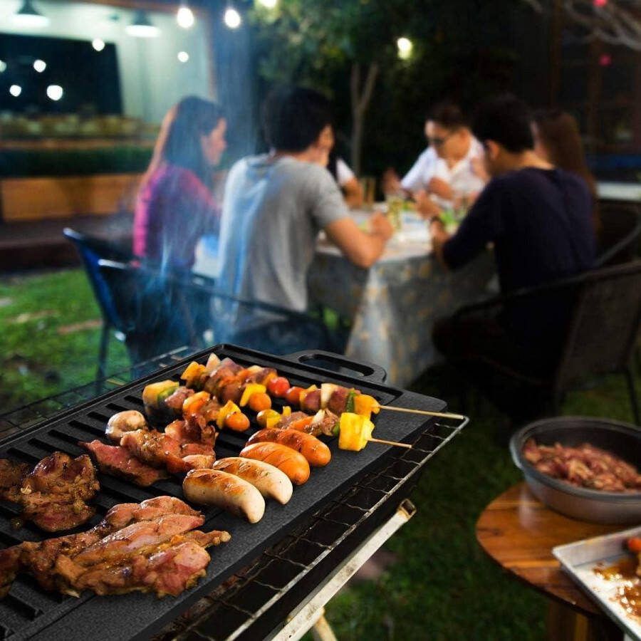 Grillpan met antiaanbaklaag geribbelde en platte gietijzeren grillplaat Universeel toepasbaar voor gasfornuizen en inductieroosters outdoor grillplaat voor gasgrill en houtskoolgrill Grilplaat