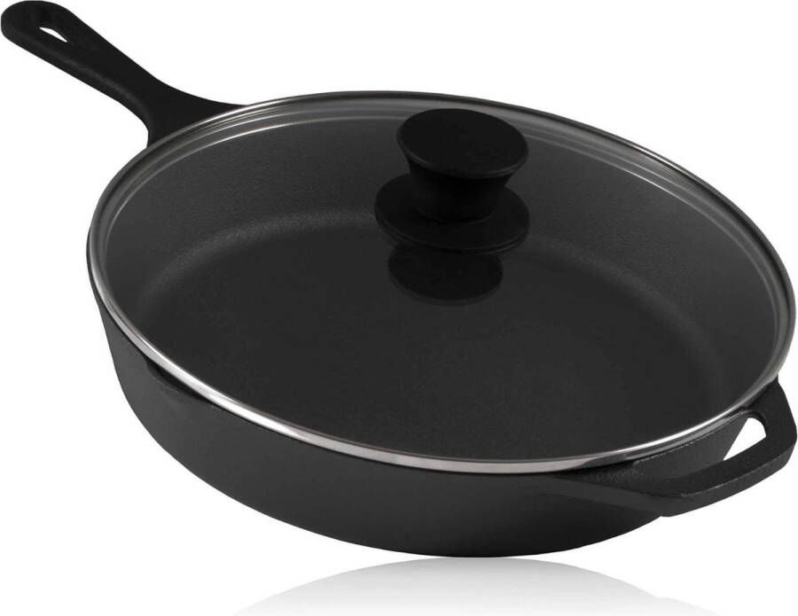 Grillpan met glazen deksel 26 cm gietijzeren pan voor grillen en braden