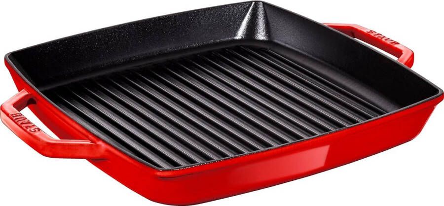 Grillpan rechthoekig met twee handgrepen 28 cm gietijzer kersenrood