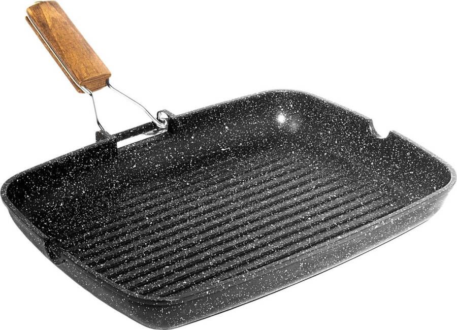 Grillpan steen antiaanbaklaag inklapbare handgreep ruimtebesparend 36cm x 24cm vaatwasser rechthoekig rooster gegoten aluminium zwart koken fornuis