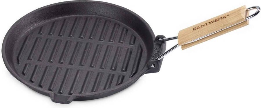 Grillpan van gietijzer met grillstrip met houten handvat zwart Vertaling: Gietijzeren grillpan met grillstrepen en houten handvat zwart