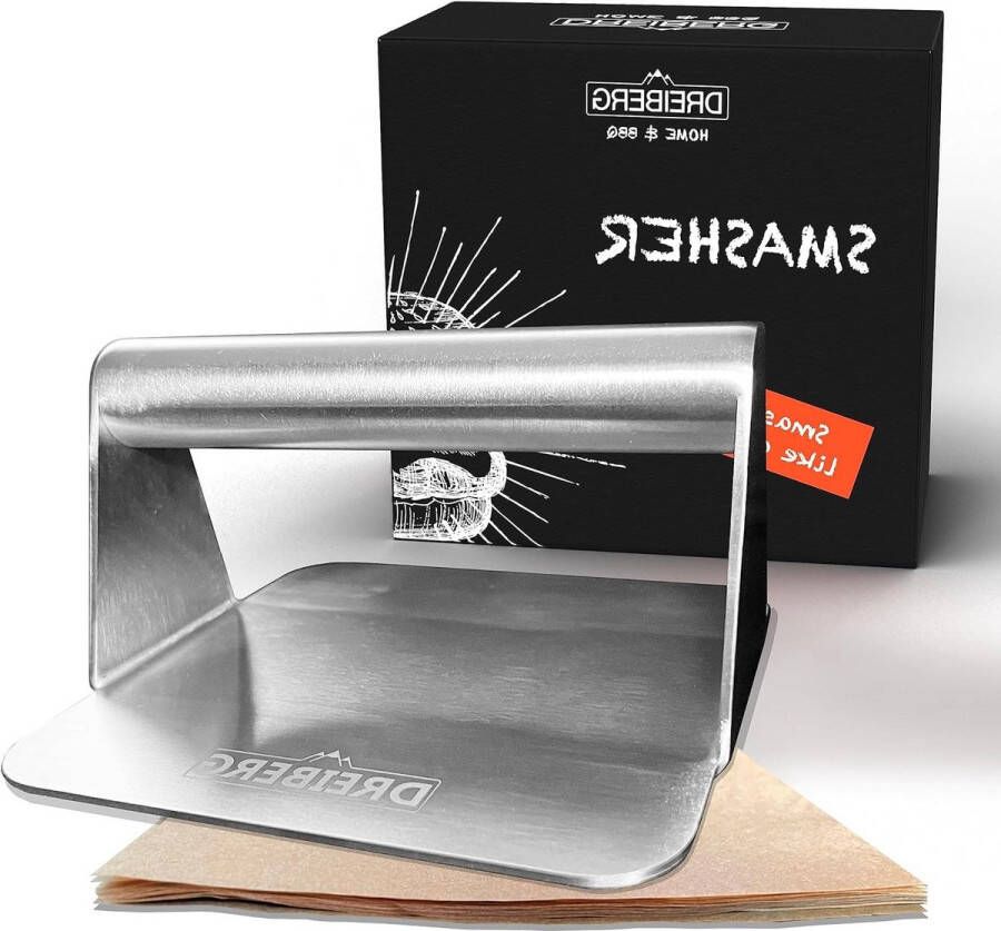 Grillpers set incl. burgerpapier Smash burgerpers roestvrij staal voor smash burgers Smash burger smasher Smashed burgerpers voor barbecue pan & teppanyaki plaat