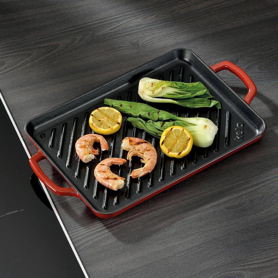 Grillplaat handgrepen van gietijzer goede warmte-opslag geschikt voor inductie 35 x 25 cm rood Grilplaat