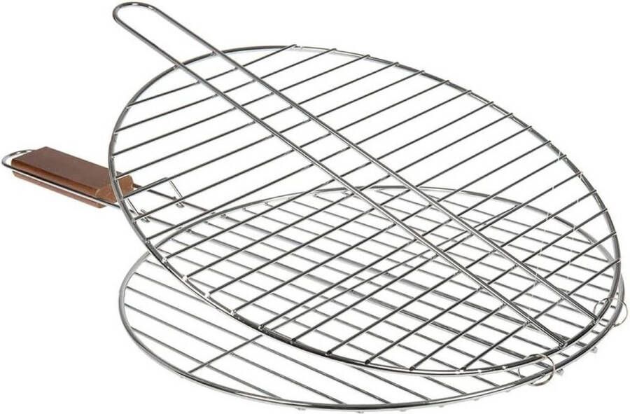 Grillroosters voor barbecue en rookoven Dubbel grillrooster Rond BBQ-rooster 38 cm Verchroomd staal Diameter 38 cm Acaciahouten handvat
