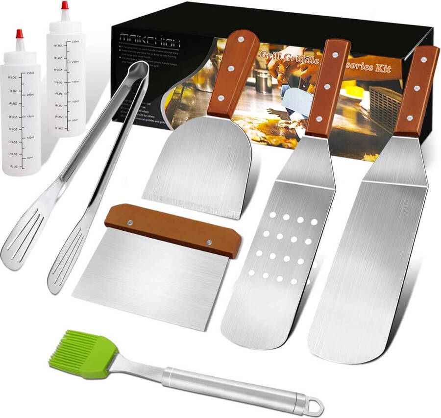 Grillspatel plancha accessoires 8 stuks roestvrij staal grillbestek-set zware grillspatel professionele grillspatel gereedschapsset voor BBQ teppanyaki camping platte top grillen