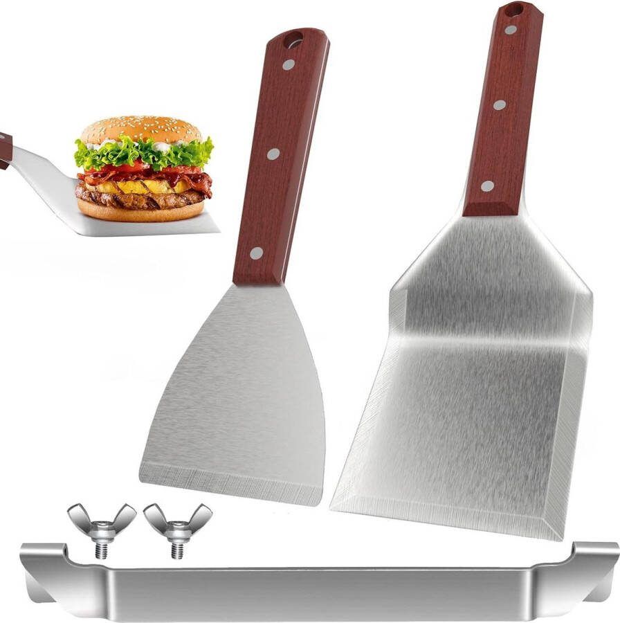 Grillspatel XXL met houten handvat en spatelstandaard voor professionele BBQ accessoires Smash Burger RVS barbecue set